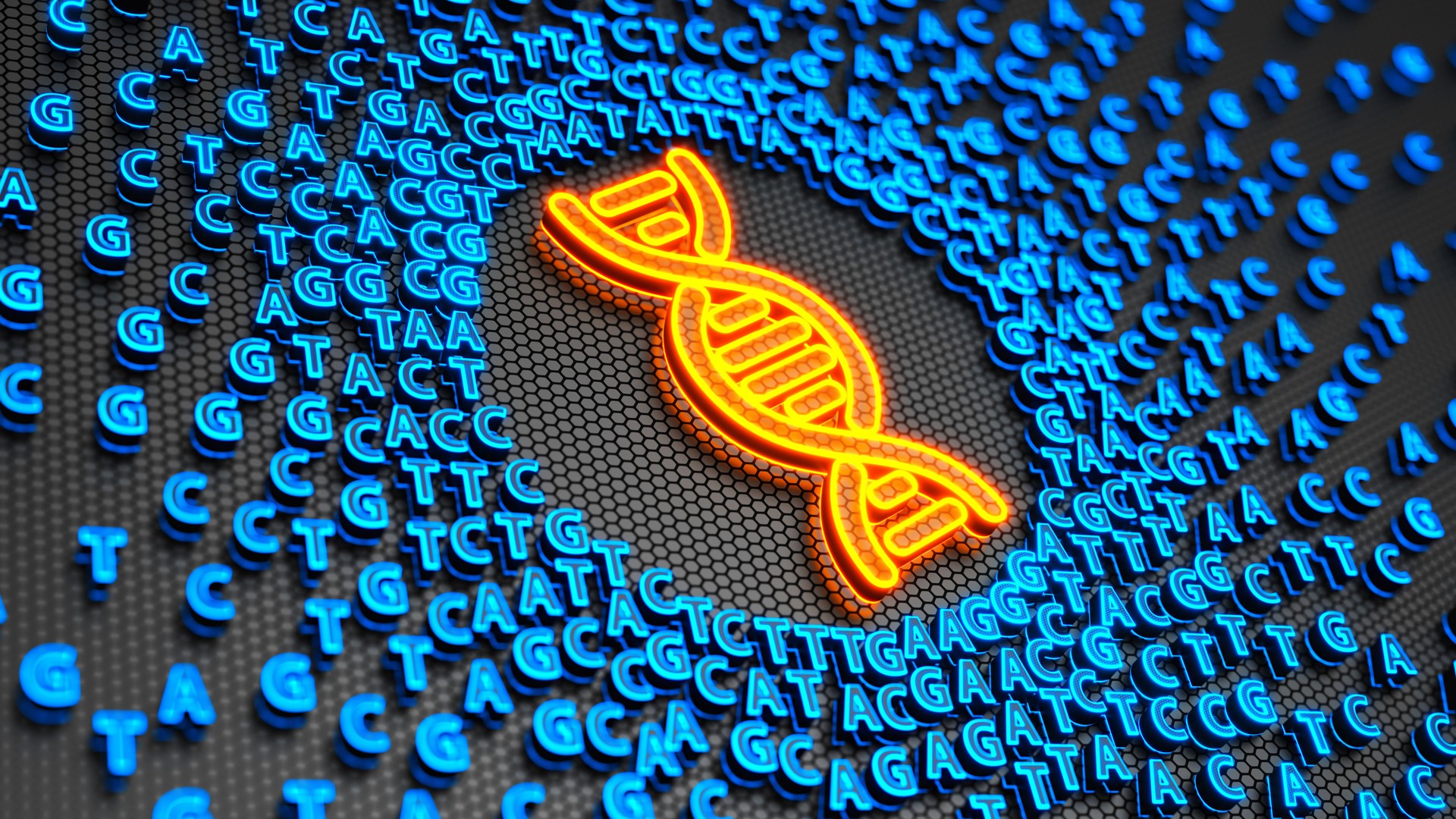 Digital screen with DNA strands and sequencing ATGC data background. Double helix structure. Nucleic acid sequence. Genetic research. 3d illustration.